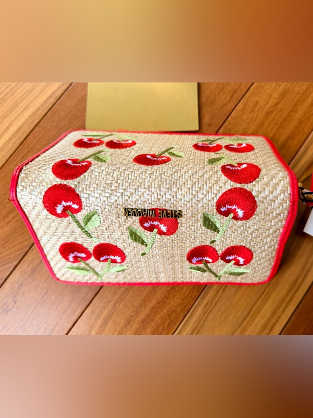 Steve Madden Straw-Textured Zip-Around Wallet Featuring Embroidered Cherries NWT - Picture 7 of 10